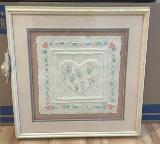 Vintage Framed Handmade Paper Art Sculpture Heart & Roses Design 17x17"