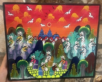 Latin Folk Artwork Original Oil On Canvas Painting Evangelino Ramirez 12x10"