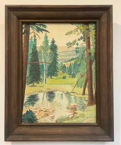 Oil On Canvas Painting Vintage Wood Frame Forest Scene 1971 Louise Farris 20x16in