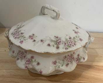 LS&S Carlsbad Austria Hand Painted Porcelain Covered Dish Pink Floral Pattern