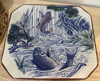 Large Decorative Porcelain Plate Japanese Koi Fish Design Blue & White Japan