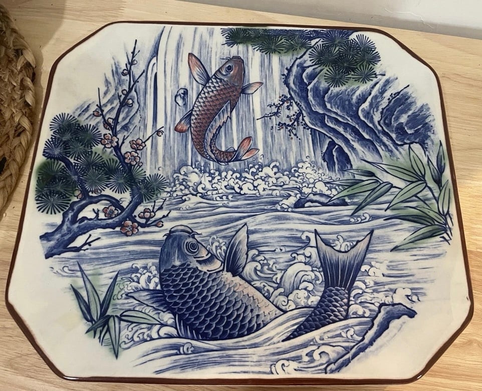 Large Decorative Porcelain Plate Japanese Koi Fish Design Blue & White Japan (1 of 5)