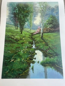 Joan Colomer Landscape Serigraph “At The Stream" 47x34in Pencil Signed