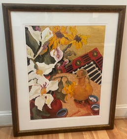 Original Oil On Paper Floral Painting Framed Decor Artwork 37x31" Unknown Artist