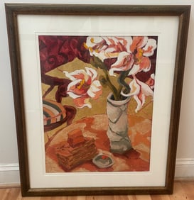 Original Oil On Paper Floral Painting Framed Decor Artwork 37x31" Unknown Artist