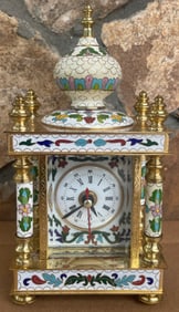 Vintage Chinese Cloisonné Enamel & Brass Mantel Carriage Clock 8.5" Floral