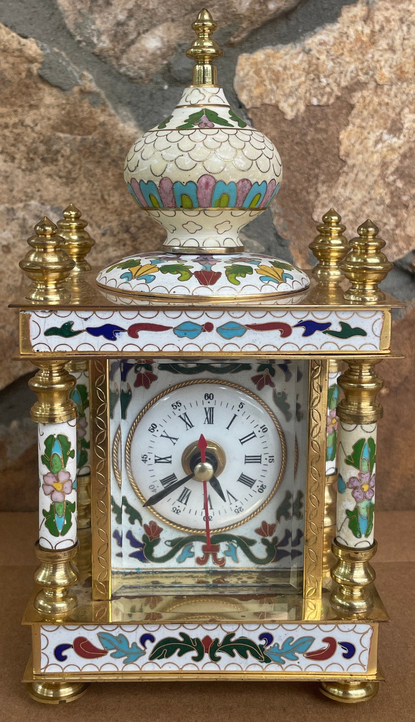 Vintage Chinese Cloisonné Enamel & Brass Mantel Carriage Clock 8.5" Floral (1 of 12)