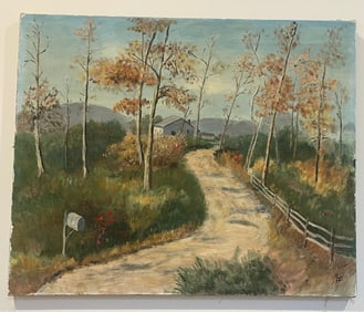 Original Oil On Canvas Painting Unknown Artist Signed "AF" Farm Scene 22x18"