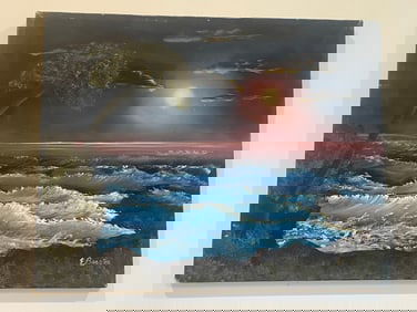 Original Oil On Canvas Painting Moonlight Beach Scene 20x16" Signed "E. Barrios"