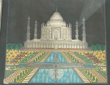 Handcrafted Zardozi Taj Mahal Embroidery Artwork Framed 23x23"