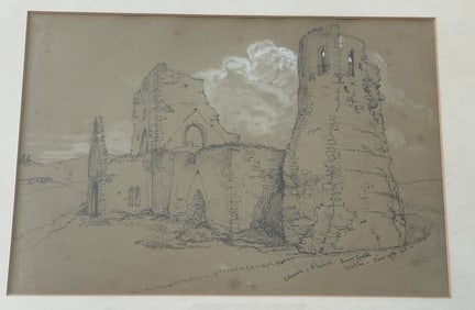 c.1945 Original Graphite Drawing of Church / Castle Ruins Signed 16x13"
