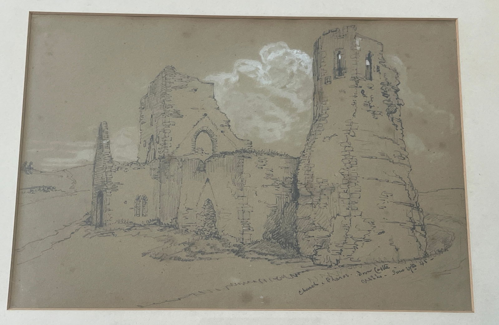 c.1945 Original Graphite Drawing of Church / Castle Ruins Signed 16x13" (1 of 7)