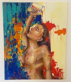 Unknown Artist Original Oil On Canvas Nude Woman Colorful Painting 30x24"
