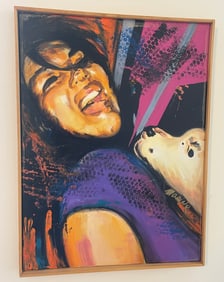 Original Oil On Canvas Painting Colorful Woman w Dog Unknown Artist 24x18"