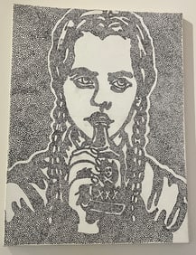 Wednesday Adams (Adams Family) Original Stipple Artwork Painting Unknown Artist 24x18"