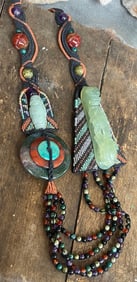 Karen Smith Fine Knotwork Antique Jade Carving & Gemstone Cabochon Necklace