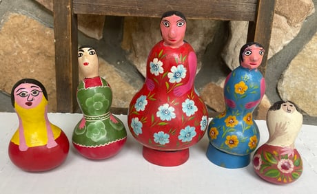 Set Of 5 Hand Painted Mexico Folk Art Gourd Shaped Dolls