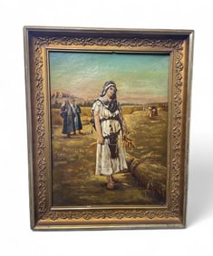 19th Century Oil On Canvas Ruth Gleaning Wheat Original Antique Frame