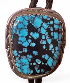 Vintage Navajo Spiderweb Turquoise Sterling Silver 925 Bolo Tie