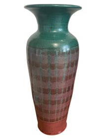 Large 16in Studio Pottery Vase Signed Green & Red Glaze