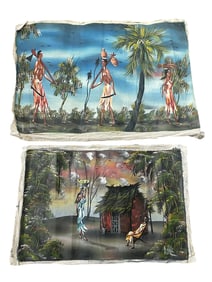 Lot of 2 Oil On Canvas Haitian Folk Tribal Paintings Artist Signed