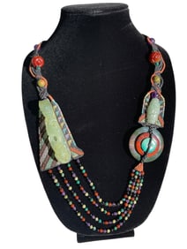 Karen Smith Fine Knot-Work Antique Jade & Multi-Gemstone Cabochon Necklace 16in