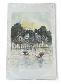 Watercolor & Ink On Paper Thailand Fishing Village Artist Signed