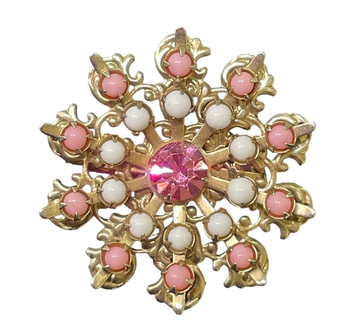Floral Brooch White Lucite & Pink Rhinestones: Unsigned.
