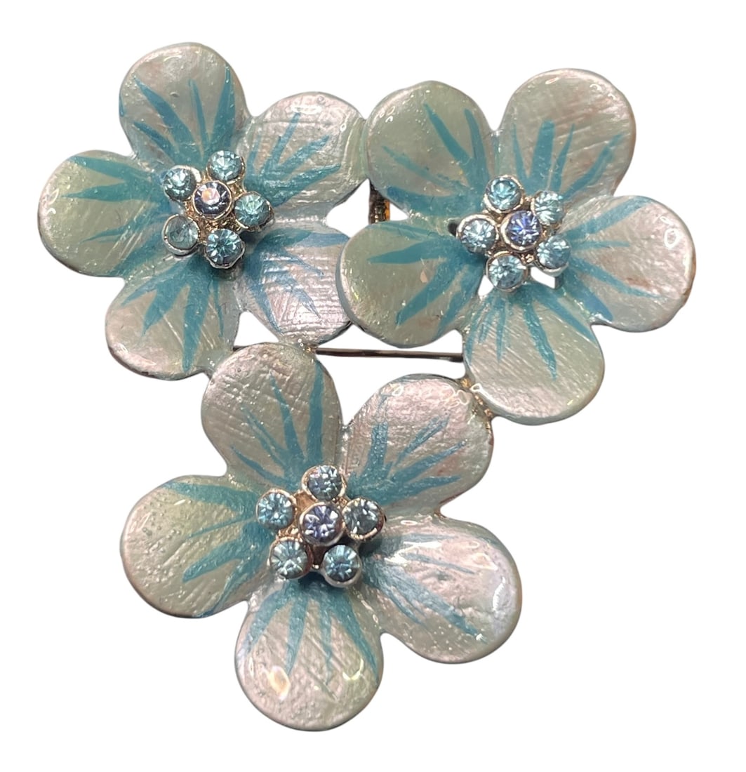 Vintage Blue Enamel White Lucite Flower Rhinestone Brooch (1 of 4)