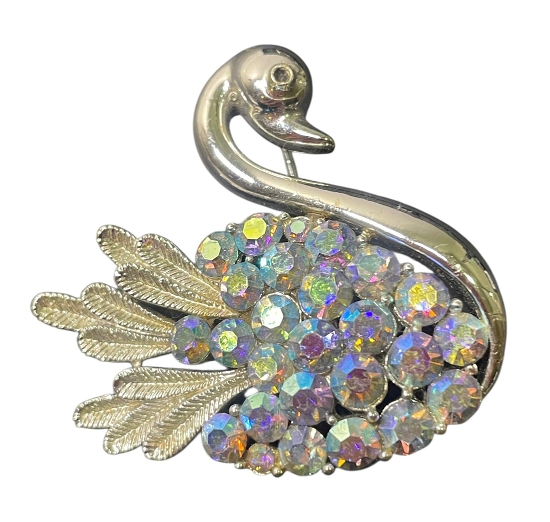 Vintage Coro AB Rhinestone Silver Tone Swan Shape Brooch: Signed C on the back.