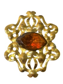 H. Pomerantz & Co. NY. Sash Brooch Brass & Amber Glass