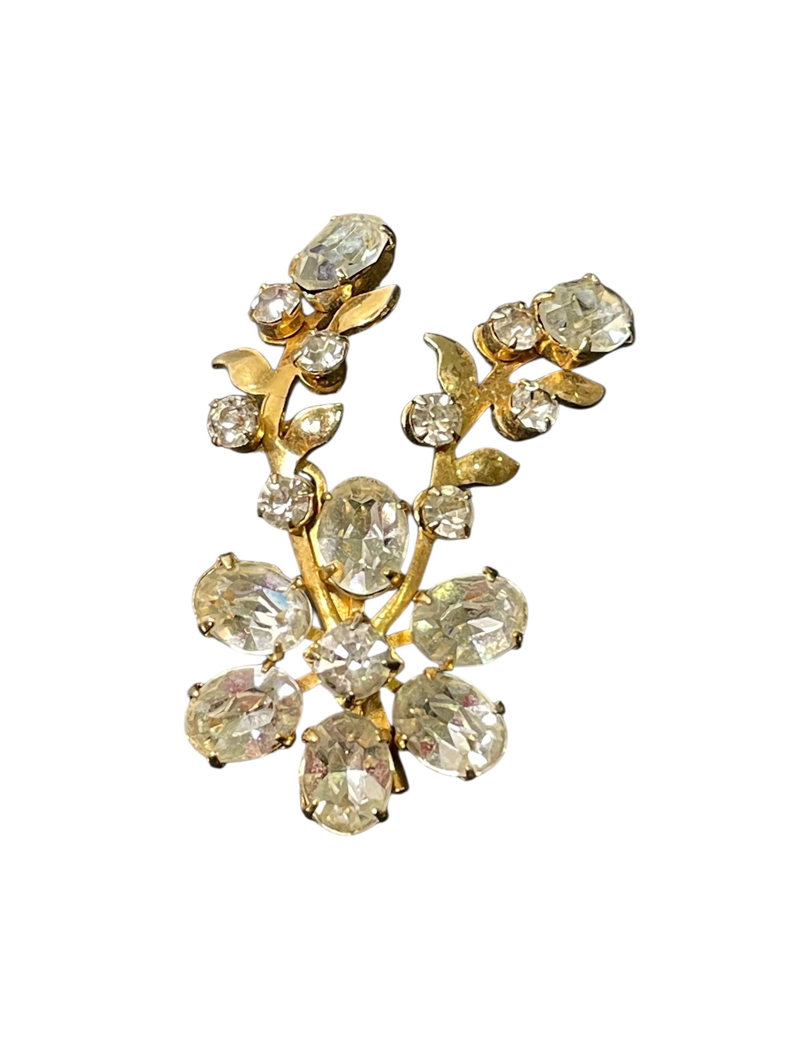 Vintage Gold Tone White Rhinestone Floral Spray Brooch: Unsigned.