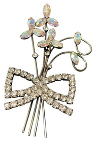 Vintage Art Deco Resurgence AB & White Rhinestone Three Flower Brooch