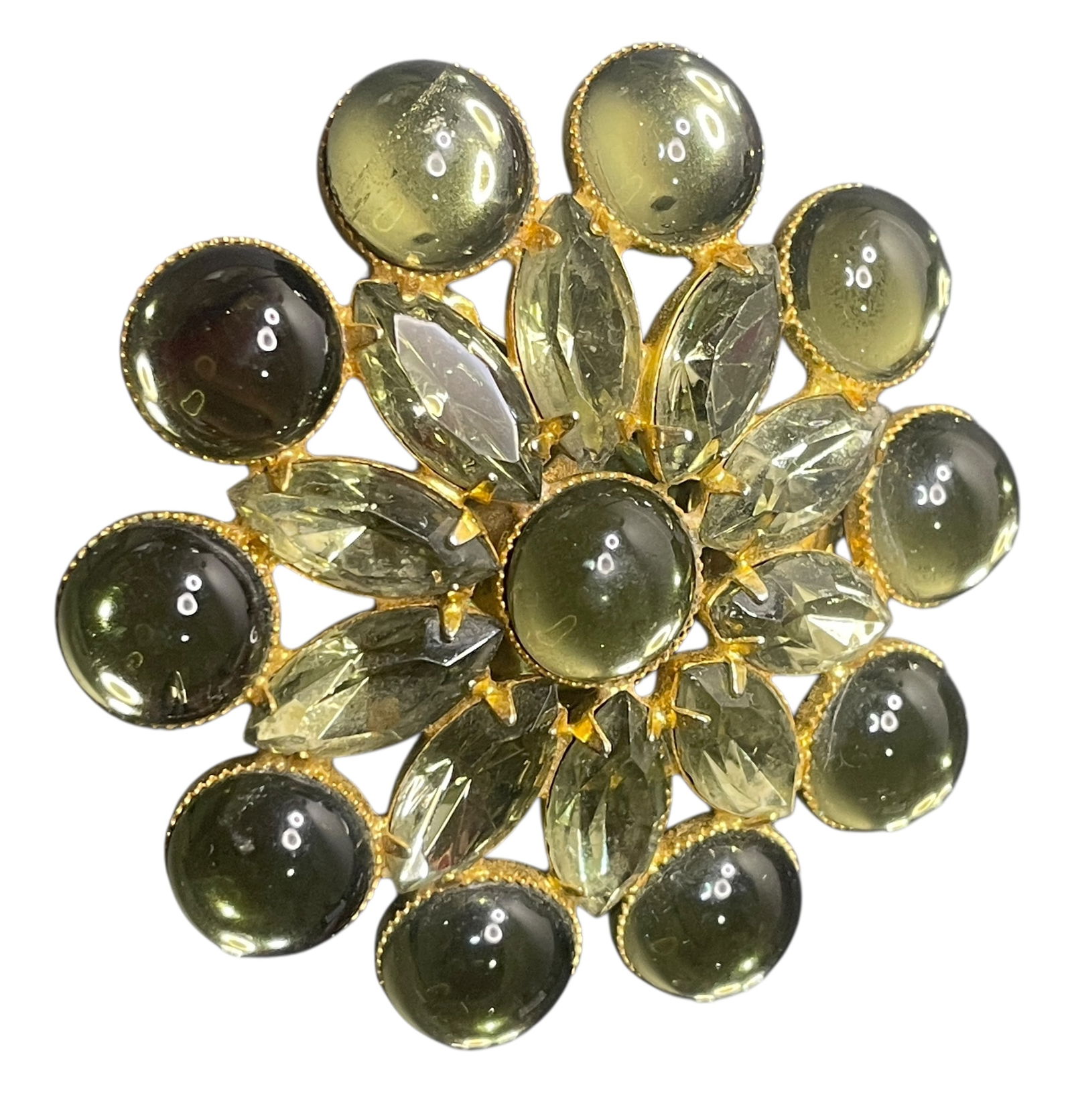 Vintage Gold Tone Color Shifting Green Glass Cabochons & Rhinestone Brooch (1 of 5)