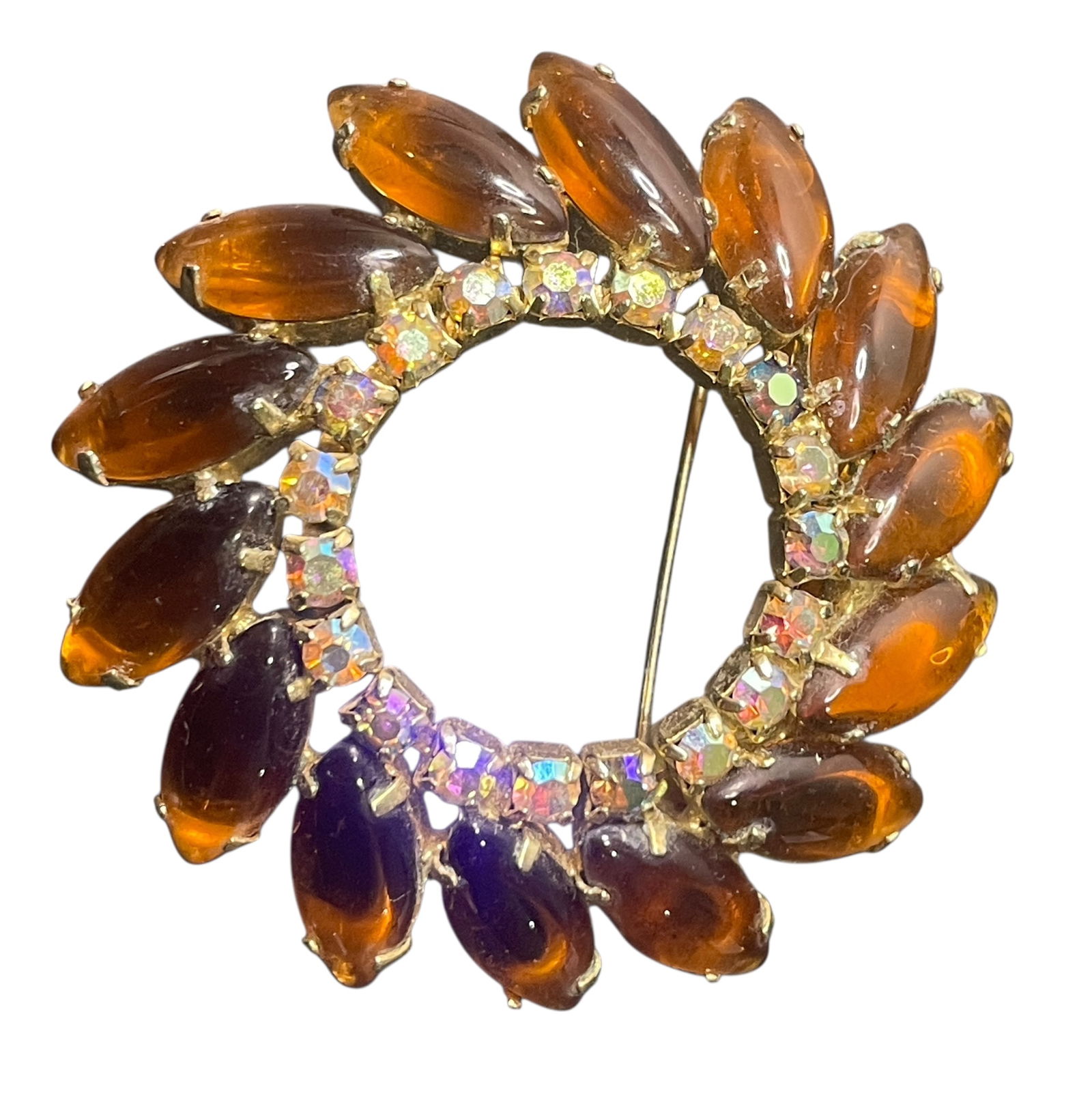 Vintage Juliana D&E Amber Navettes & AB Accent Rhinestones Brooch: Unsigned. Attributed to Juliana D&E (DeLizza & Elster).