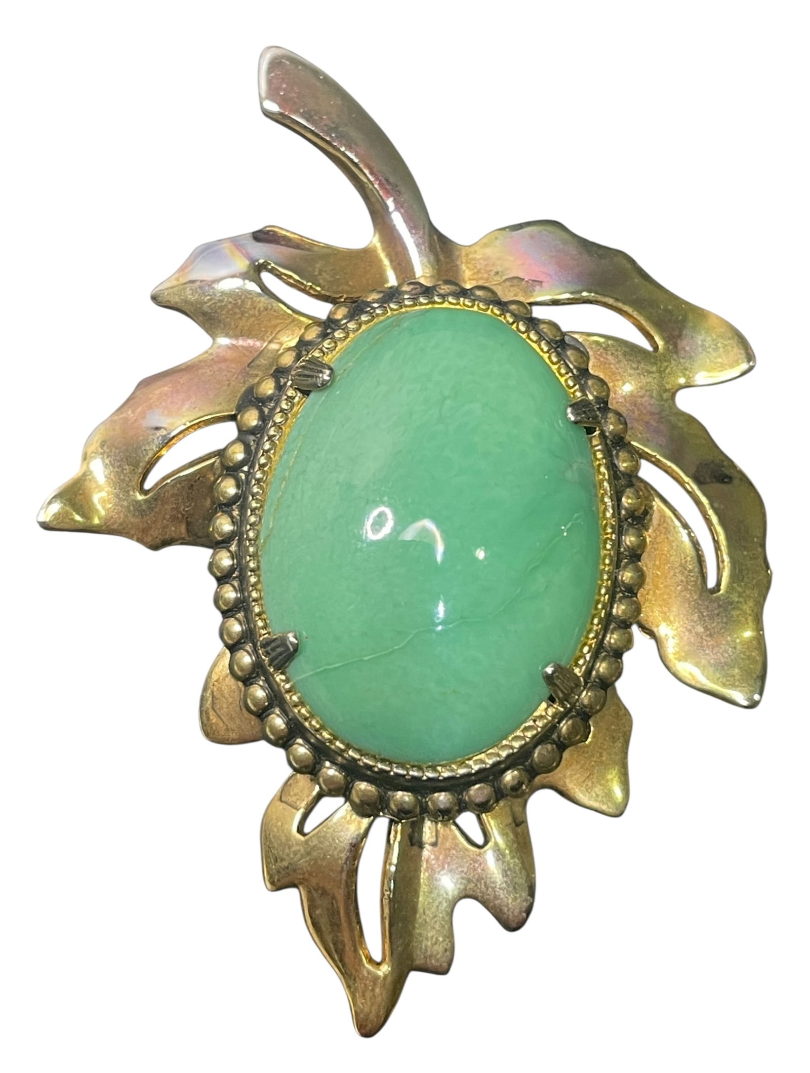 Vintage Silver Tone Leaf Shaped Brooch With Green Glass Cabochon (1 of 4)