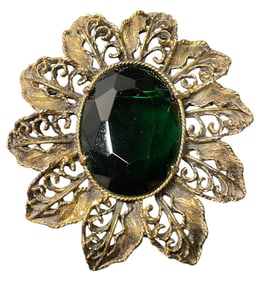Vintage Gold Tone Filigree Brooch With A Faceted Dark Green Glass Stone