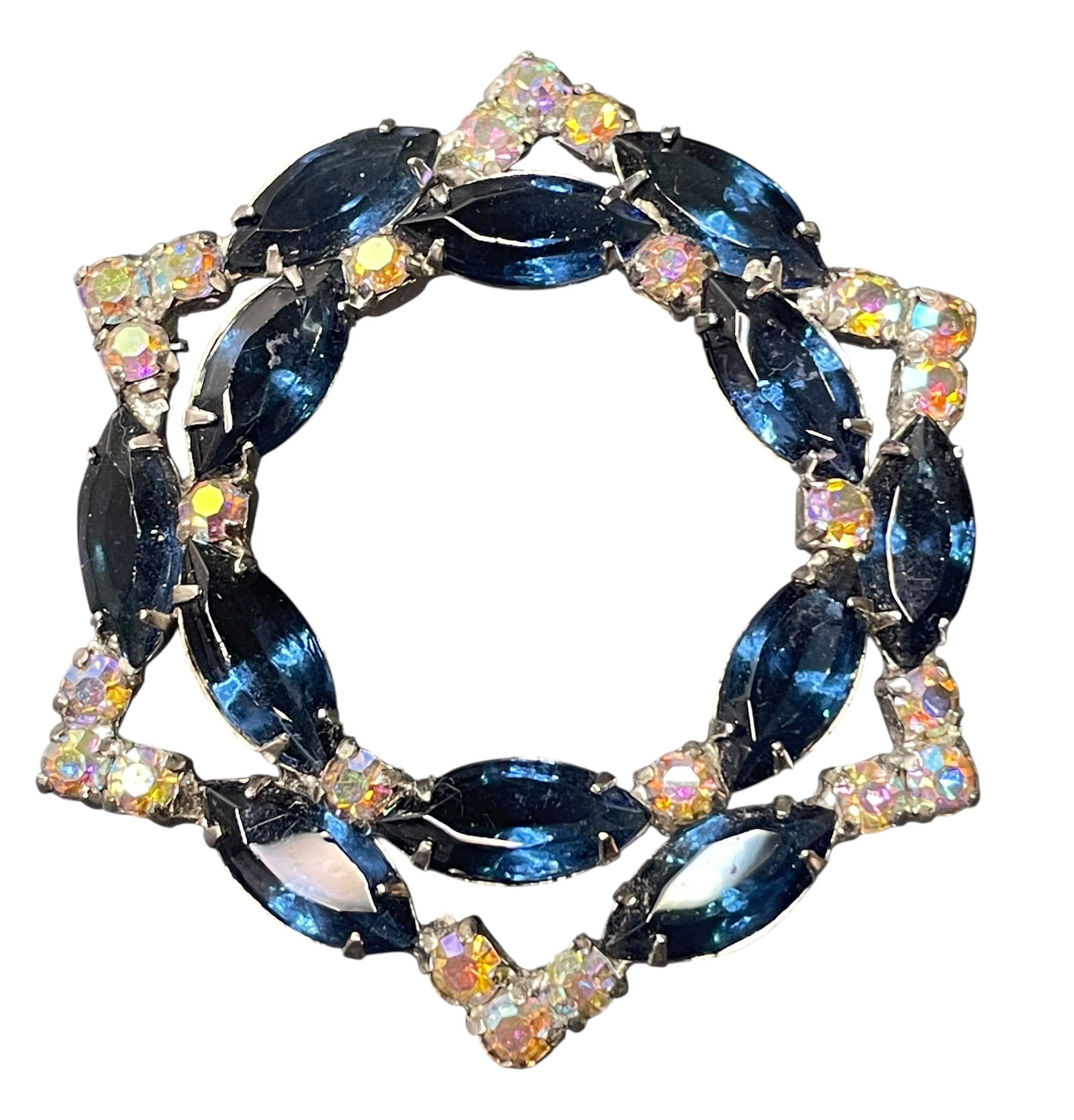 Vintage Blue Navette & AB Rhinestone Silver Tone Star Shape Brooch (1 of 4)