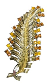 Vintage Coro Gold Tone Leaf Brooch Yellow & Amber Rhinestones