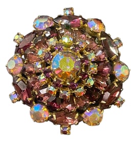Mid-Century Purple & Iridescent Aurora Borealis Rhinestones Brooch