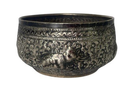 Burmese Silver Ceremonial Repoussé Thabeik Bowl Artist Signed