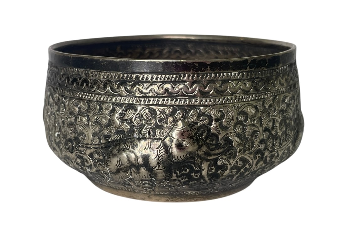 Burmese Silver Ceremonial Repoussé Thabeik Bowl Artist Signed (1 of 7)