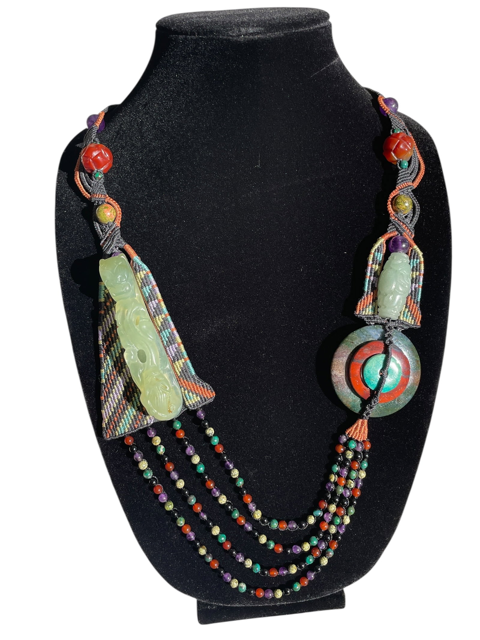 Karen Smith Fine Knot-Work Antique Jade & Multi-Gemstone Cabochon Necklace 16in (1 of 11)