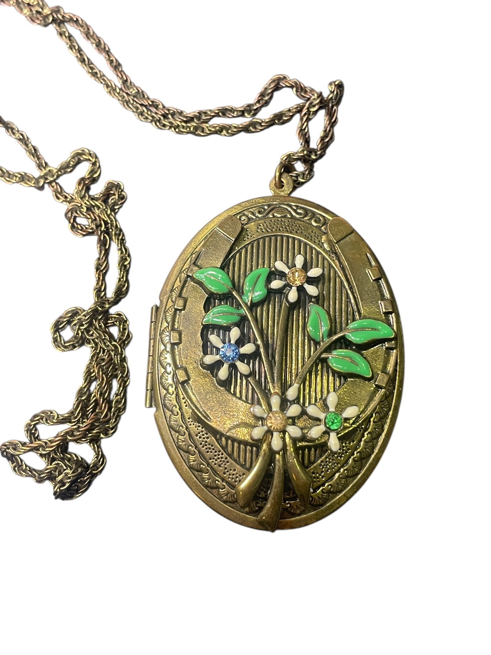 Vintage Locket & Chain Pendant Enamel Flowers & Rhinestones: Unsigned.