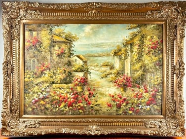 Fine Oil Painting ‘Mediterranean Garden Scene’ in Ornate Frame