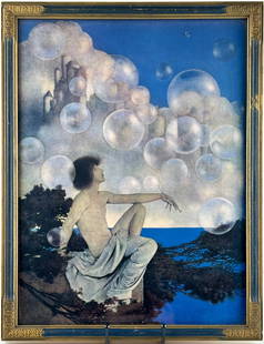 “Air Castles” Print by Maxfield Parrish in Art Nouveau Frame: Print titled “Air Castles” by Maxfield Parrish, depicting a partially draped figure surrounded by bubbles against a blue sky and fantastical castle backdrop. Housed in a blue and gold