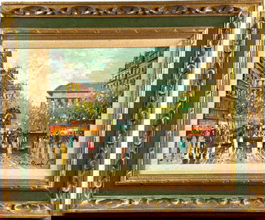 Antoine Blanchard “Paris a Blanche” Oil on Canvas (French, 1910-1988): Oil painting on canvas signed by Antoine Blanchard, depicting a Parisian street scene with horse-drawn carriages and pedestrians. Richly colored and detailed, the piece showcases typical Parisian