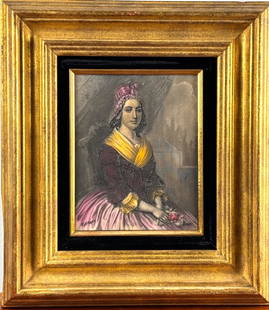 Victorian Hand-Tinted Steel Engraving Signed Tiffany & E. Bell: Hand-tinted steel engraving depicting a Victorian-era woman seated with a rose. Signed by ‘Tiffany’ at the lower left and ‘E. Bell’ at the lower right. Framed in a gold-tone