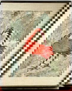 Charles Culver “Ibis” 1952 Watercolor, Gouache, and Charcoal on Paper: Charles Culver’s “Ibis,” a mixed-media piece created in 1952, combines watercolor, gouache, and charcoal on paper. This artwork depicts a stylized red ibis set against a textured