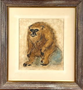 Charles Culver Charcoal and Pastel on Paper ‘Primate’: Original charcoal and pastel artwork on paper by Charles Culver, depicting a primate. Rendered in expressive detail using tonal shades of brown and black, with highlights of blue. Signed by the